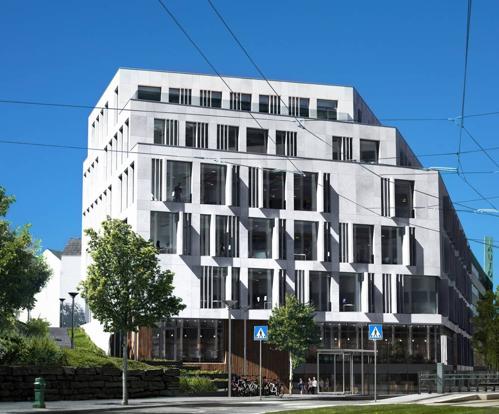 Fra januar 2023 blir dette Rambølls nye hjem i Bergen. Eiendommen bygges med høye miljøkrav. Illustrasjon: MIR